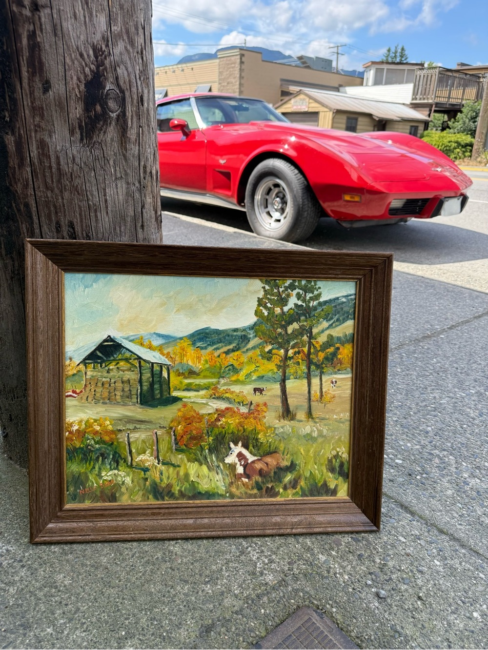 Framed Countryside Painting in Vintage Wooden Frame